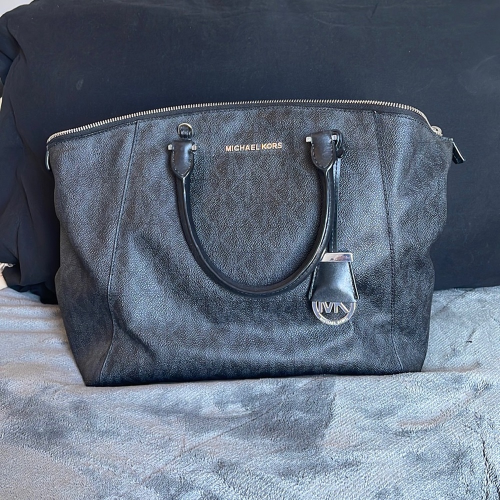 Dark gray, black, silver MK satchel